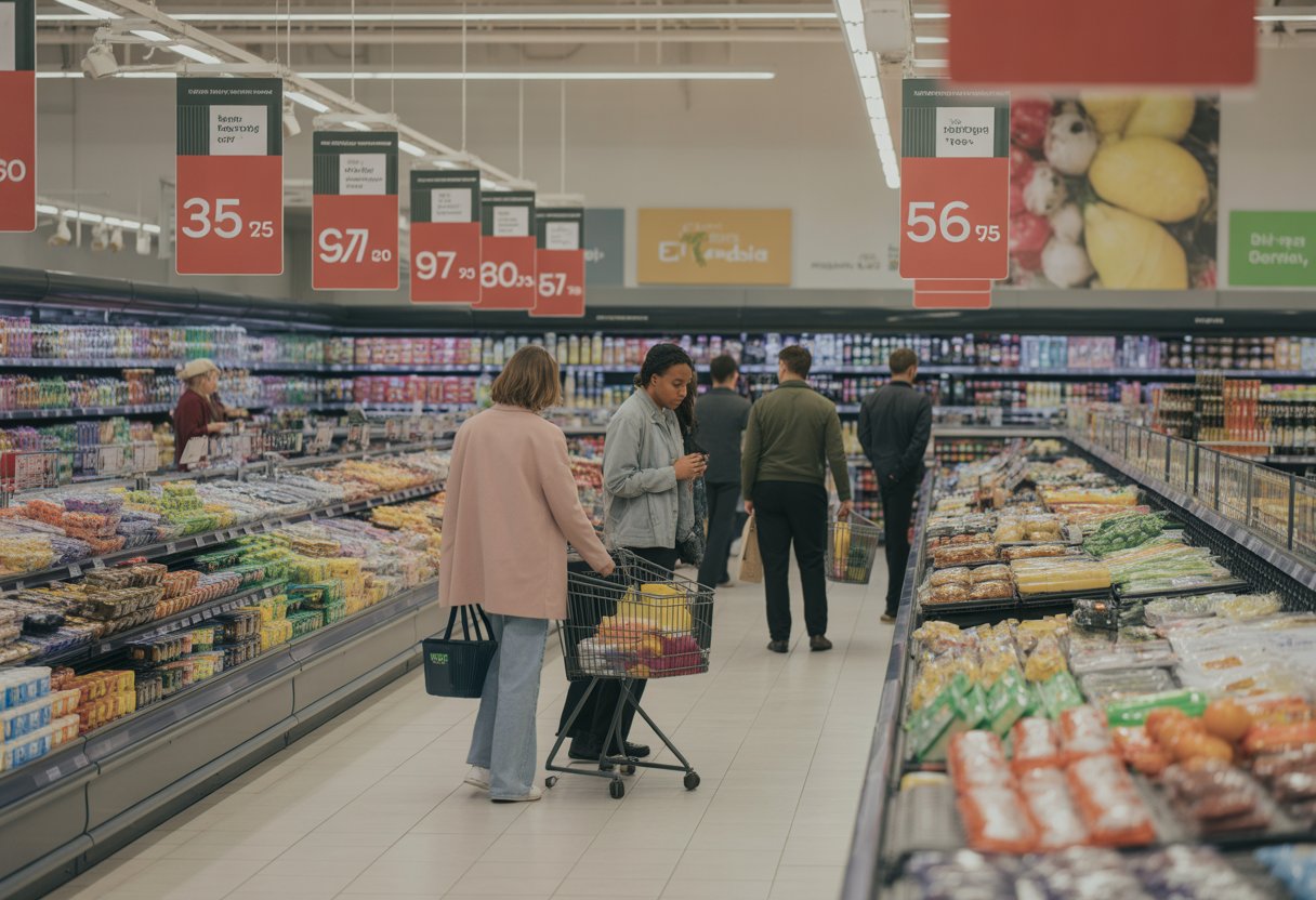 Shoppers browsing aisles of a bright, clean UK supermarket with shelves stocked with fresh produce and affordable groceries.