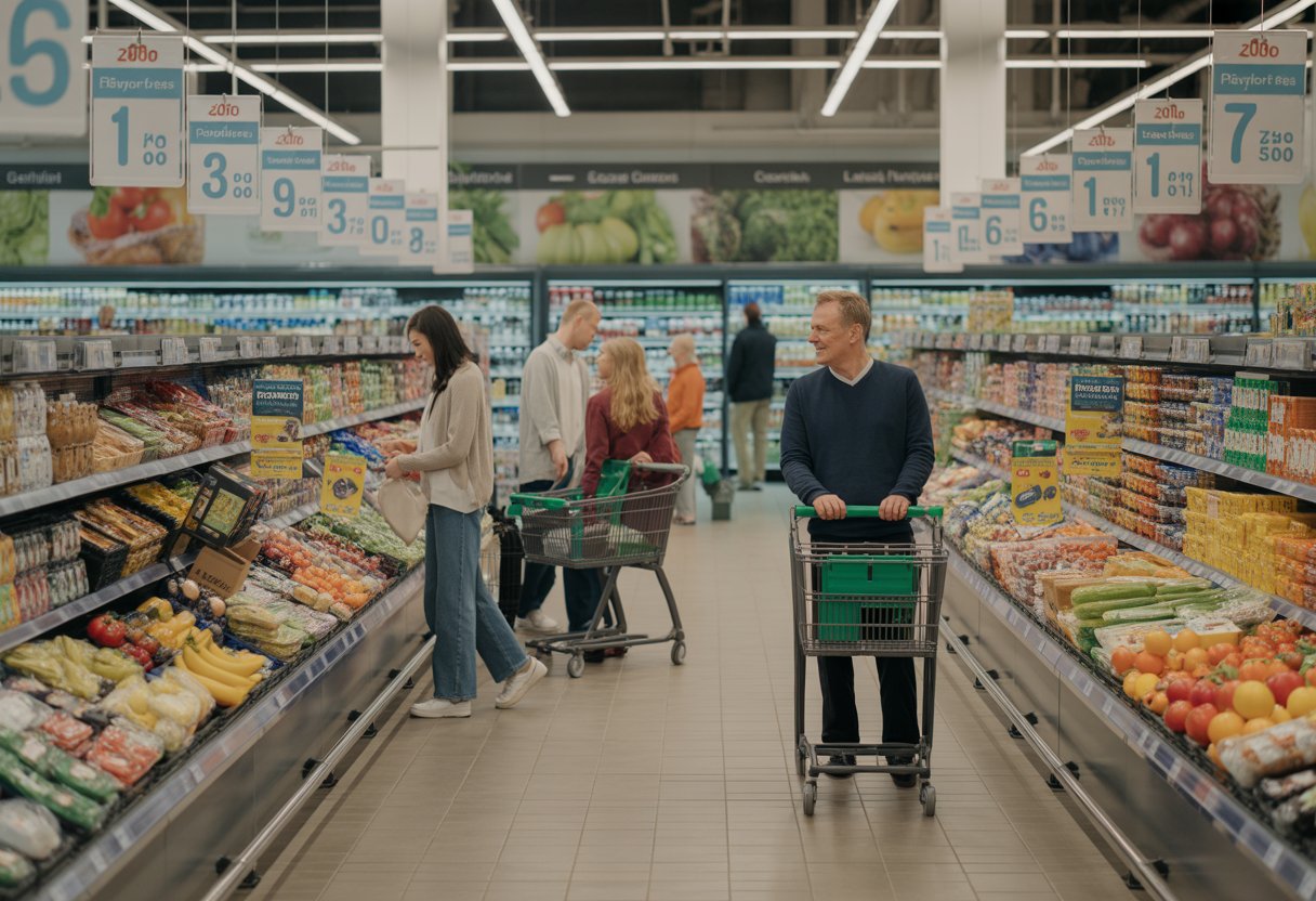 Shoppers browsing aisles in a modern UK supermarket filled with fresh produce and products, highlighting a busy yet organised shopping environment.