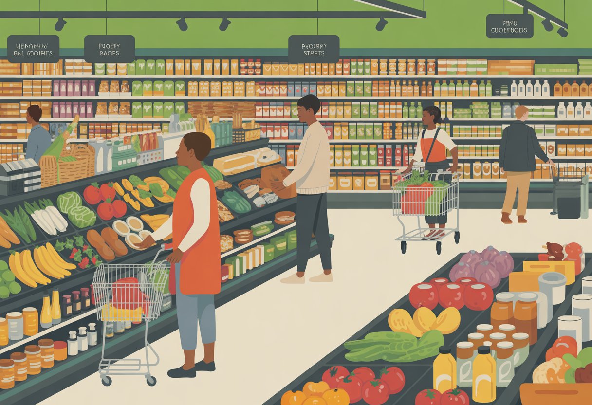 A busy supermarket aisle with shoppers selecting fresh and packaged groceries from well-stocked shelves.