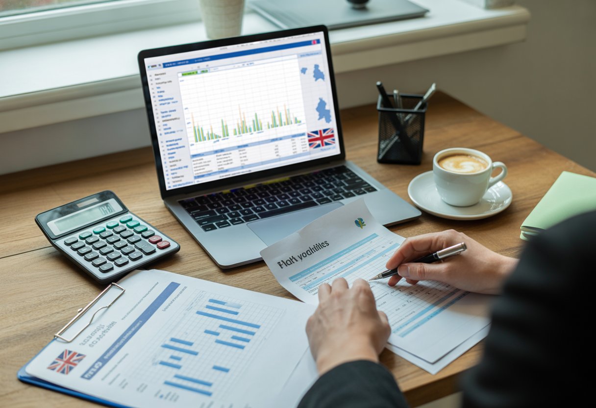 A person working at a desk with a laptop, calculator, and financial documents related to UK tax and side hustle compliance.
