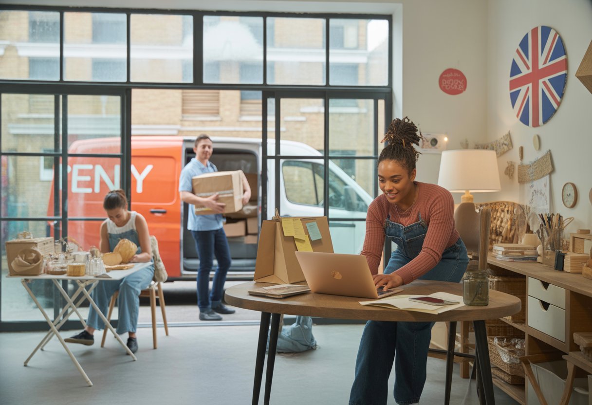 A diverse group of people working on different side hustle activities in a bright home and urban setting in the UK.