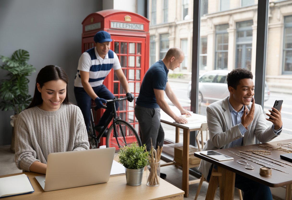 A diverse group of people working on different side hustles including laptop work, parcel delivery by bicycle, jewellery making, and a video call in a café, with a view of London architecture outside.