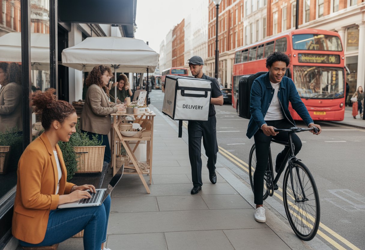 People working on different side hustles in a busy UK city street, including a woman using a laptop in a coffee shop, a man delivering packages by bike, and a person selling crafts at a market stall.