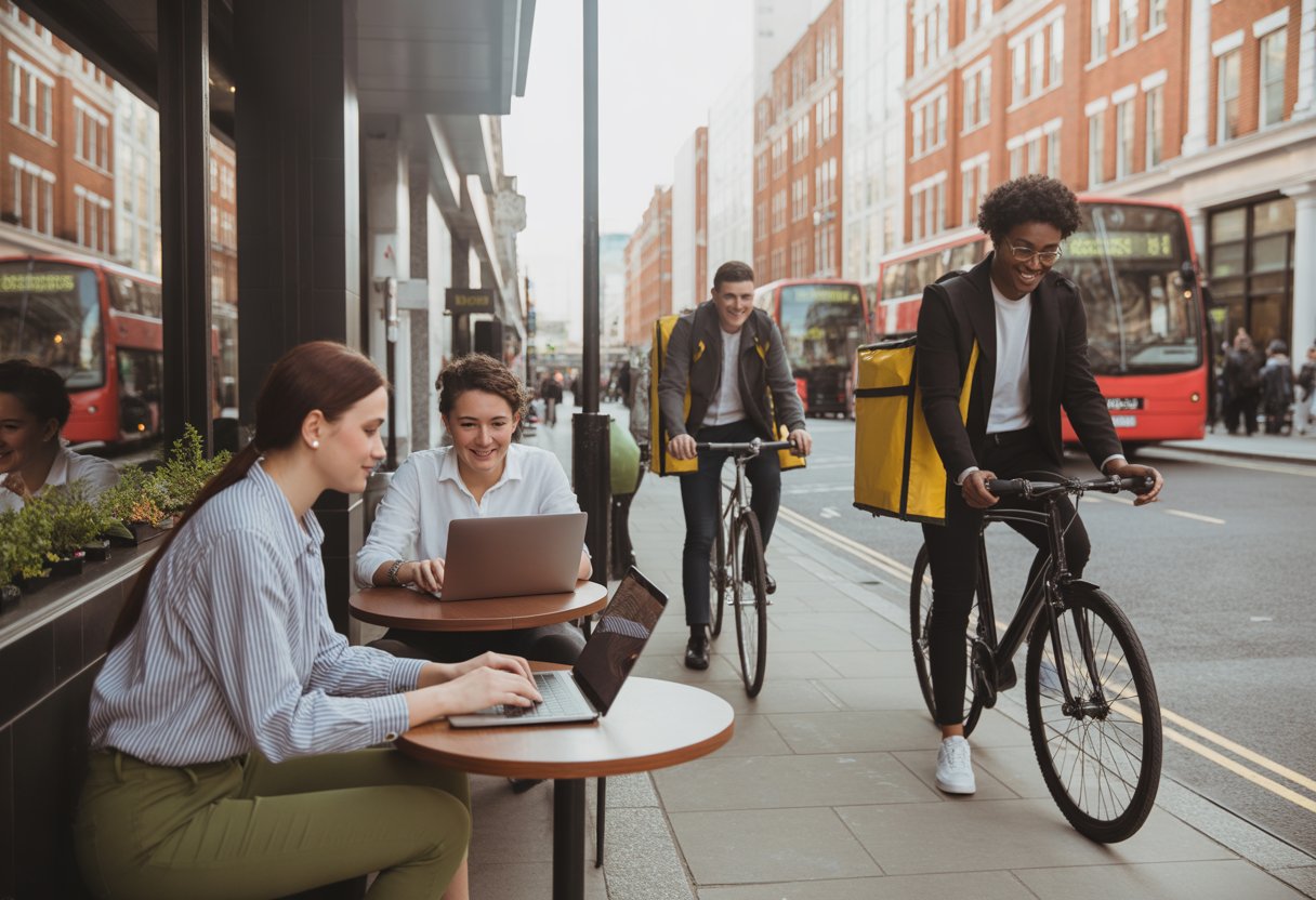 People in a UK city engaged in various side jobs including working on laptops, delivering packages by bicycle, and video calling for tutoring or consulting.