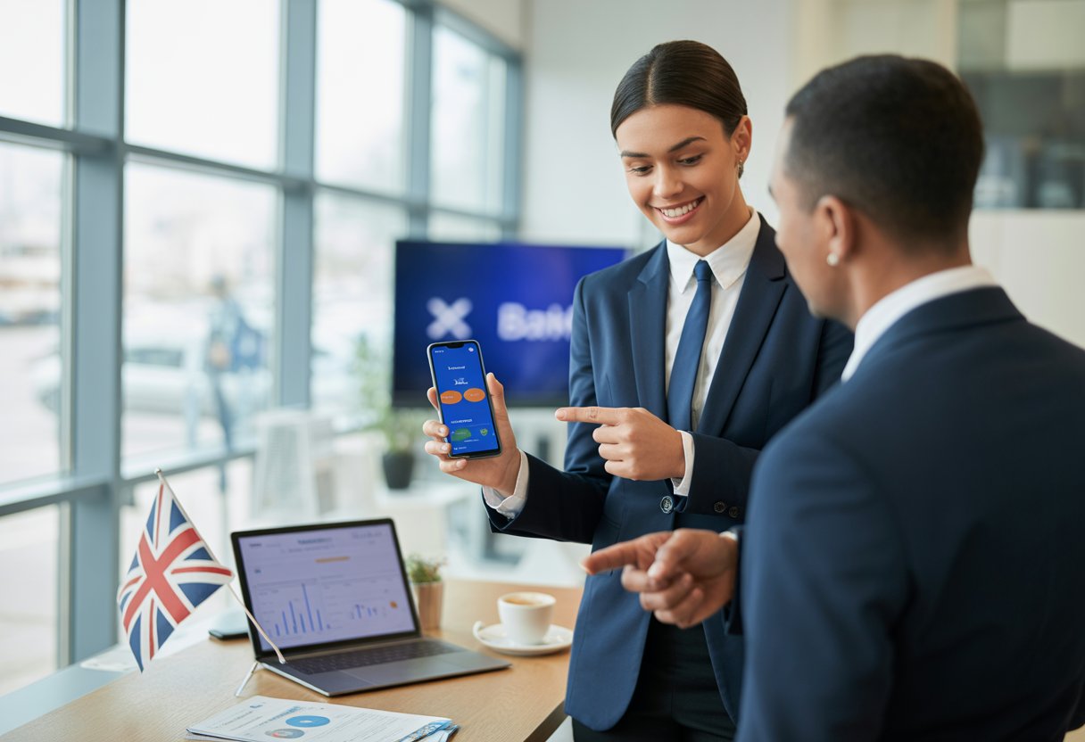 A young professional in a modern bank branch discussing banking options with an advisor while looking at a smartphone.