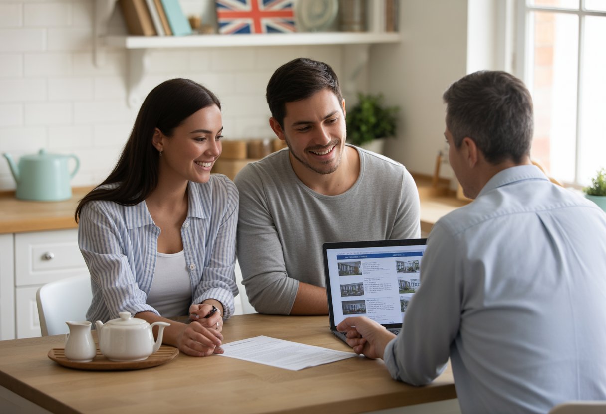 A young couple discussing rental documents with a real estate agent at a kitchen table in a UK flat.
