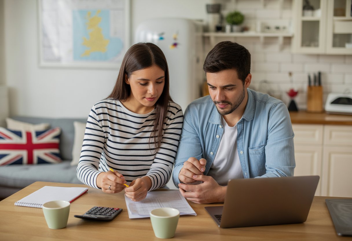 A couple sitting at a kitchen table in a UK rental apartment, reviewing documents and a laptop while discussing their rental budget.