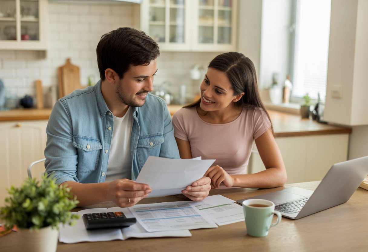 A young couple sitting at a kitchen table reviewing rental documents and bills with a laptop open in a bright, tidy apartment.