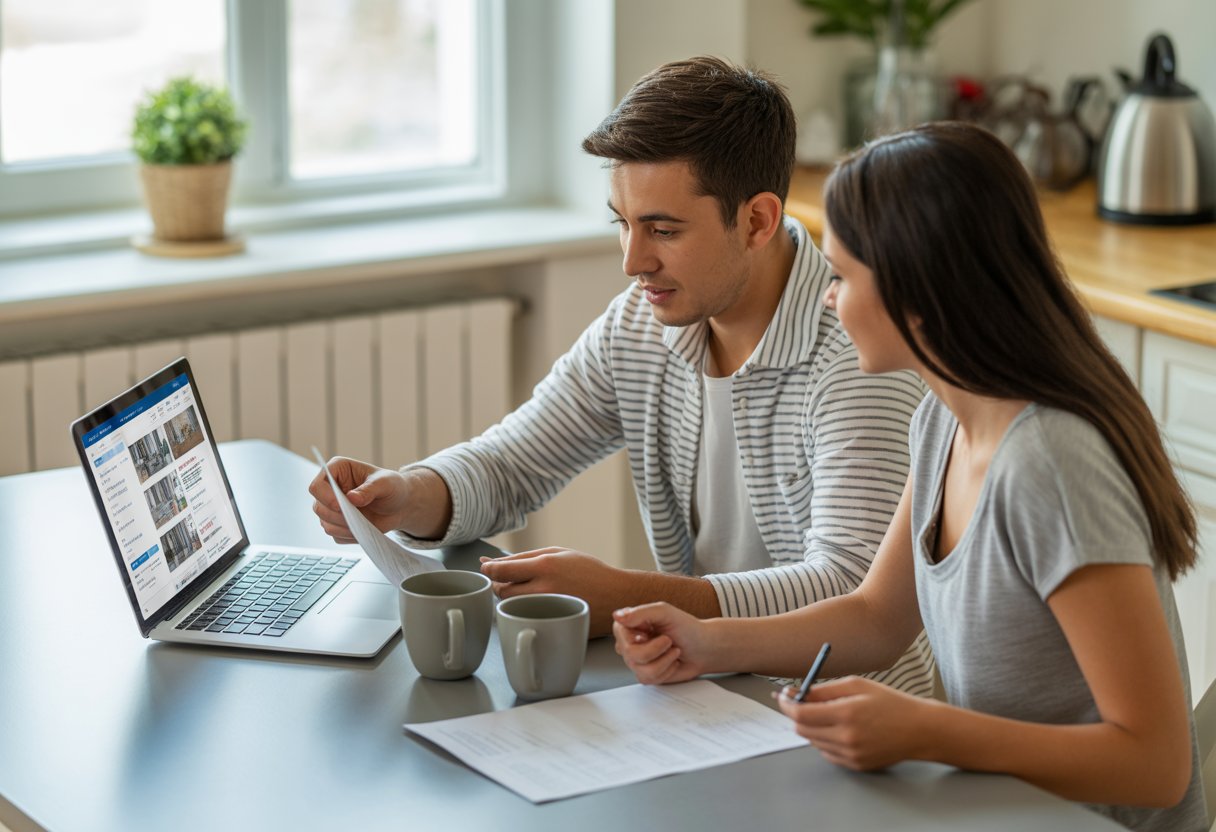 A young couple sitting at a kitchen table in a UK flat, looking at rental documents and a laptop together.
