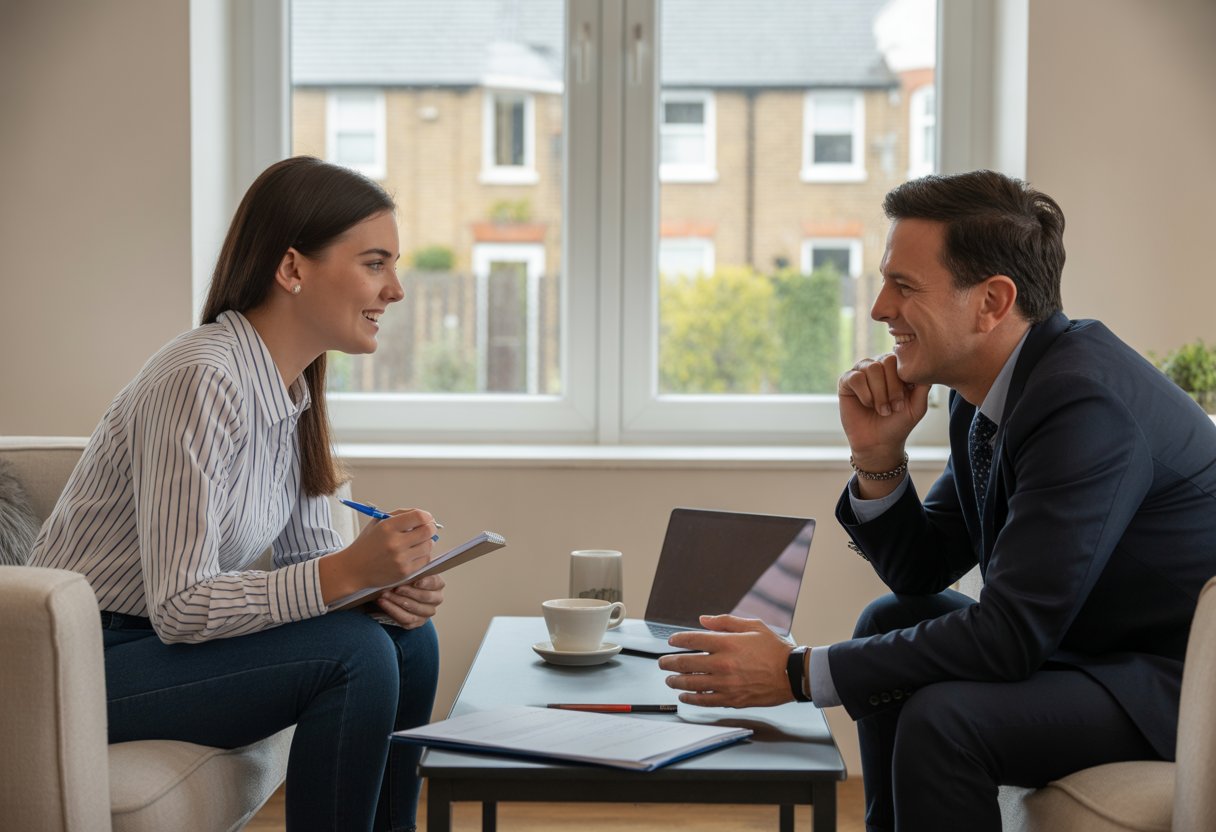 A tenant and landlord sitting at a table in a bright living room, discussing rental agreements with documents and a laptop.