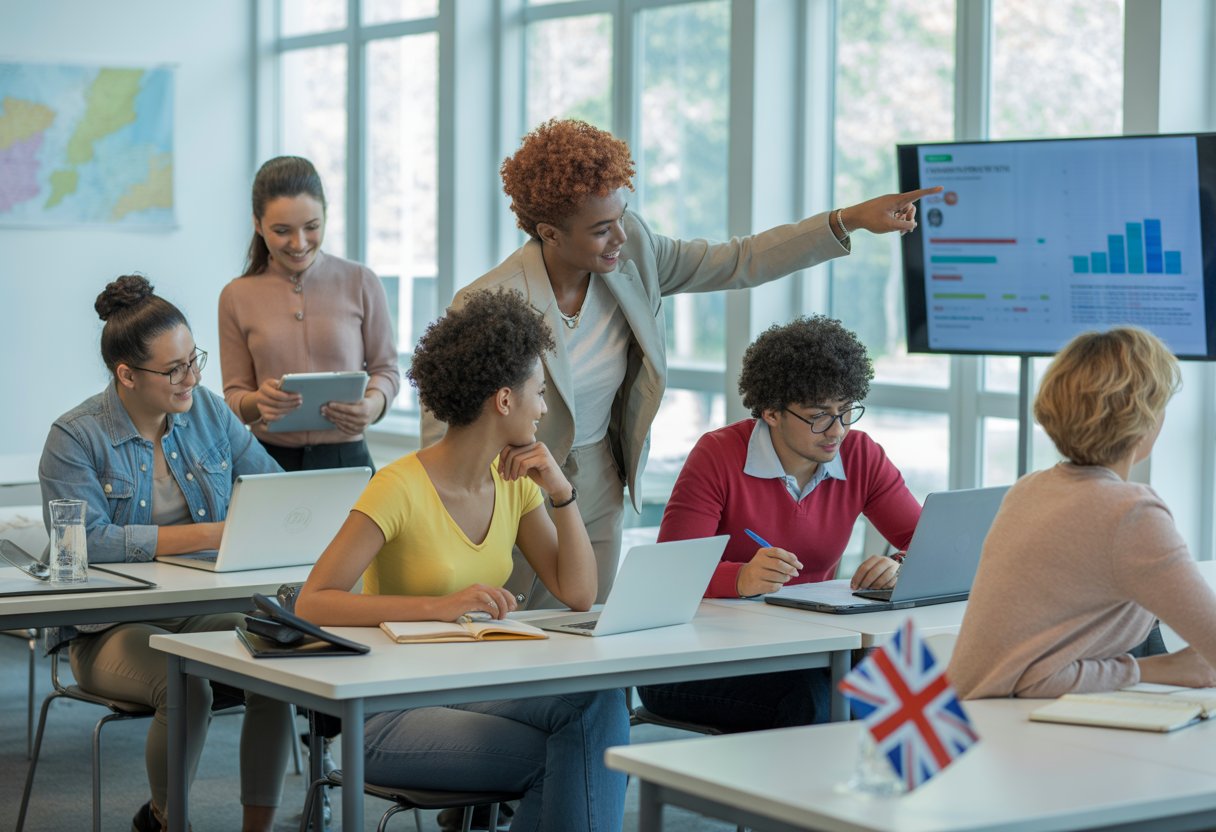 A group of young adults learning together in a bright classroom with an instructor helping them, featuring UK-themed decor.