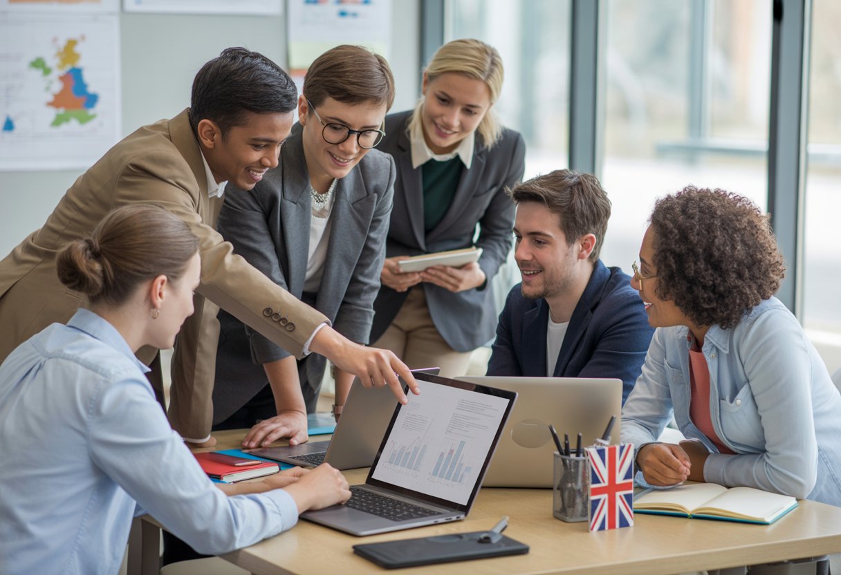 A group of people working together around a table with laptops and notebooks in a bright office setting.