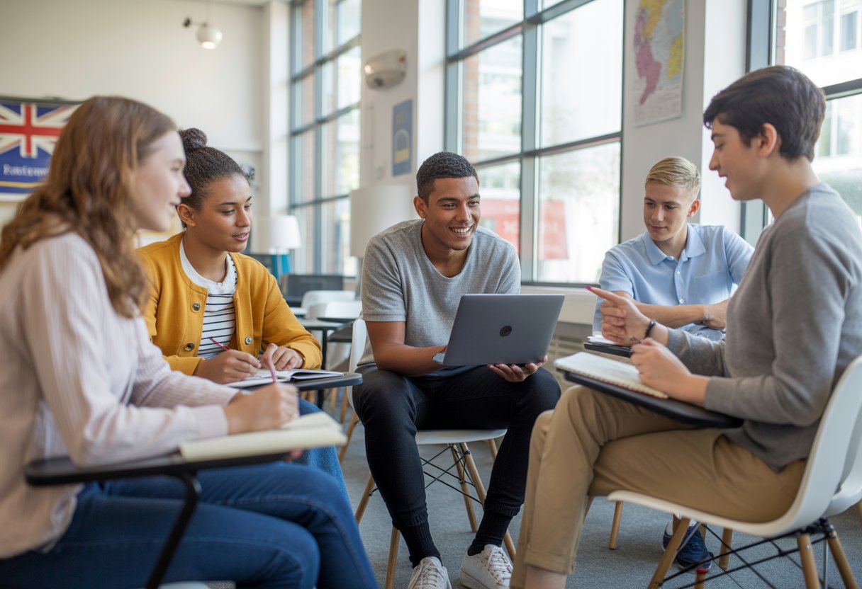 A group of young adults attentively learning from an instructor in a bright, modern classroom setting in the UK.
