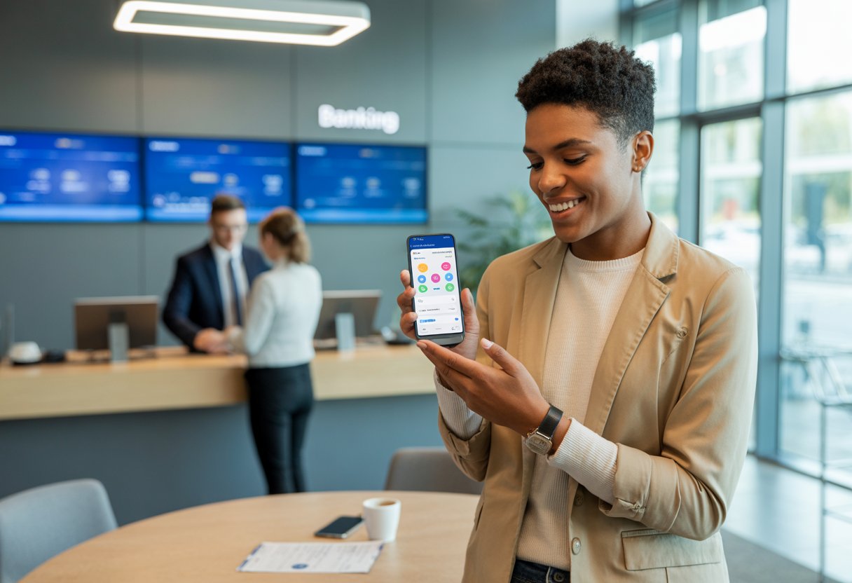 A person smiling while holding a smartphone in a modern bank branch with a bank advisor helping another customer in the background.