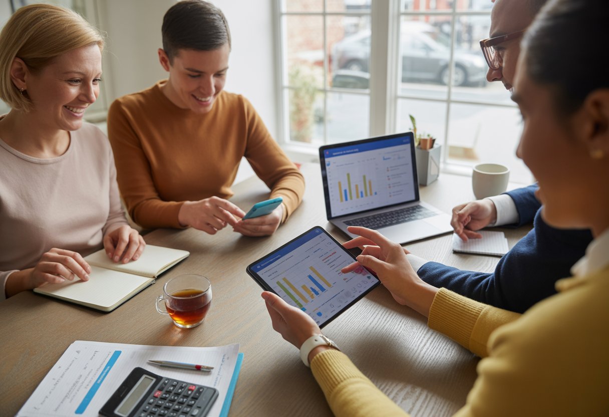 A group of people using smartphones and tablets to manage their budgets around a table in a bright home office.