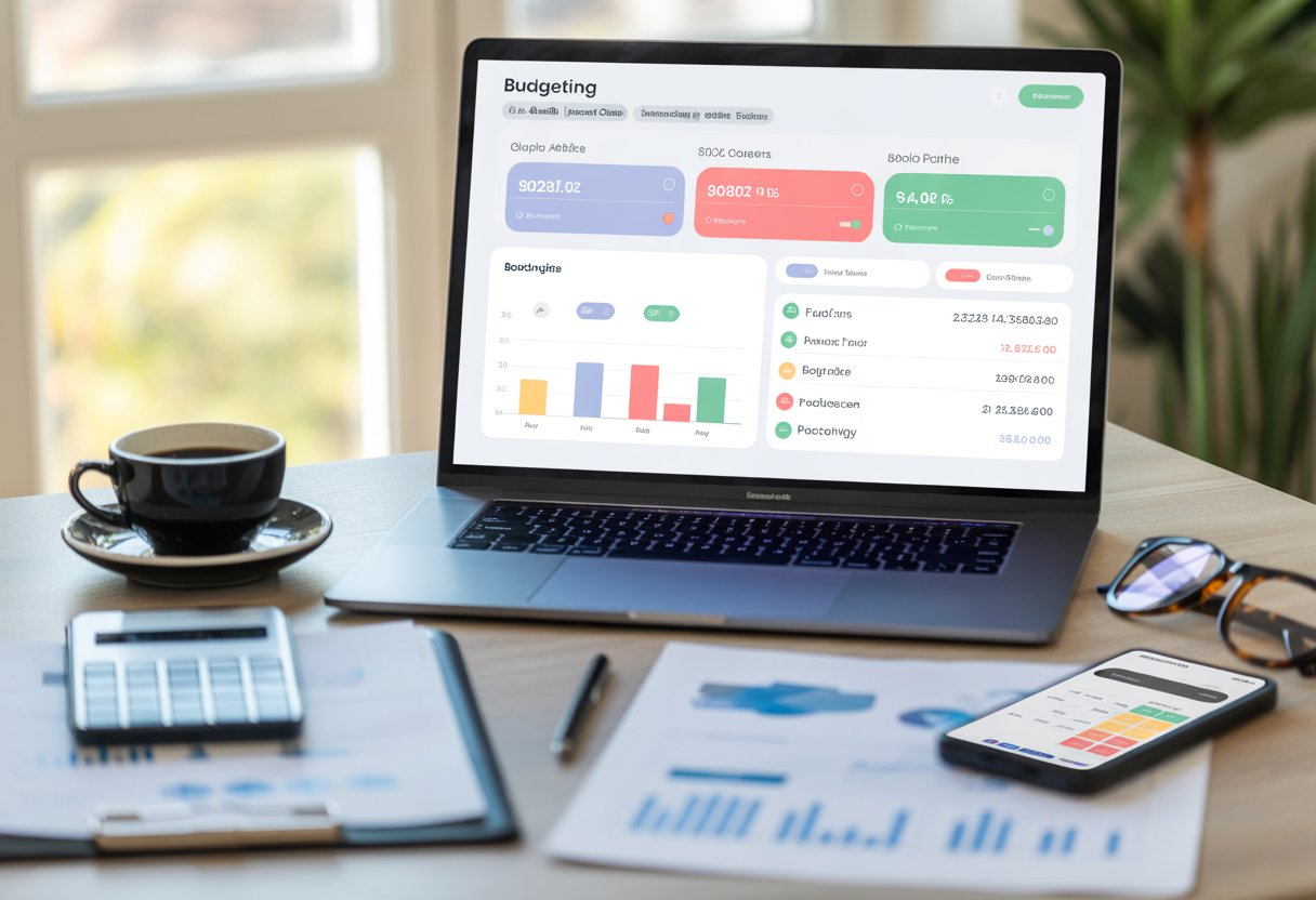 A laptop and smartphone displaying budgeting app interfaces on a desk with financial documents, a calculator, coffee, and glasses in a bright room.
