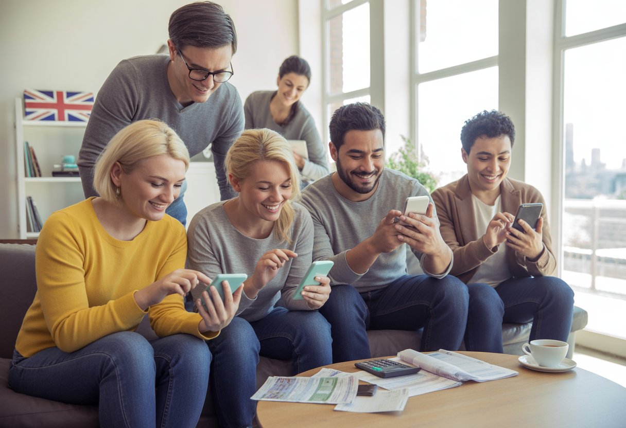 A diverse group of UK residents using smartphones and tablets to manage their budgets in a bright living room with financial documents on a table.