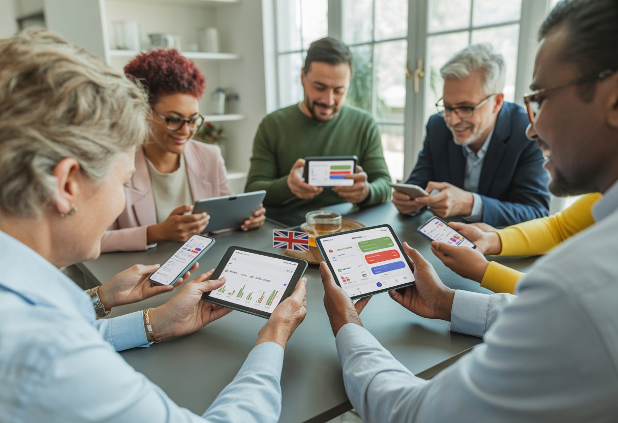 A group of diverse UK residents using smartphones and tablets to manage their budgets together in a bright, modern room.