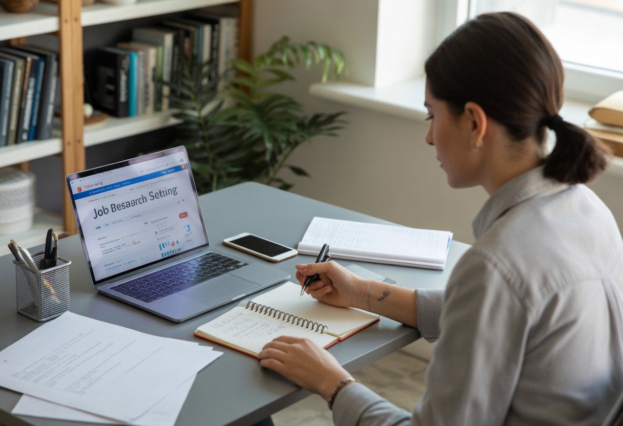 Person working at a desk with a laptop and notes, searching for jobs independently in a bright home office.