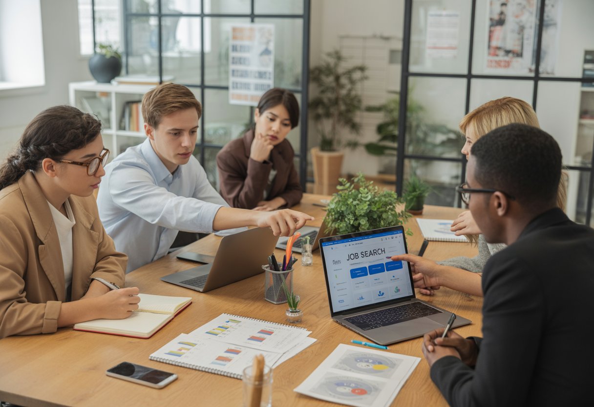 A group of young adults working together around a table with laptops and notes in a bright office.