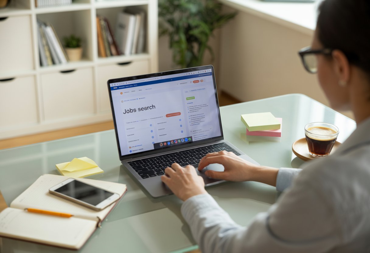 A person sitting at a desk using a laptop to search for jobs online in a bright home office.