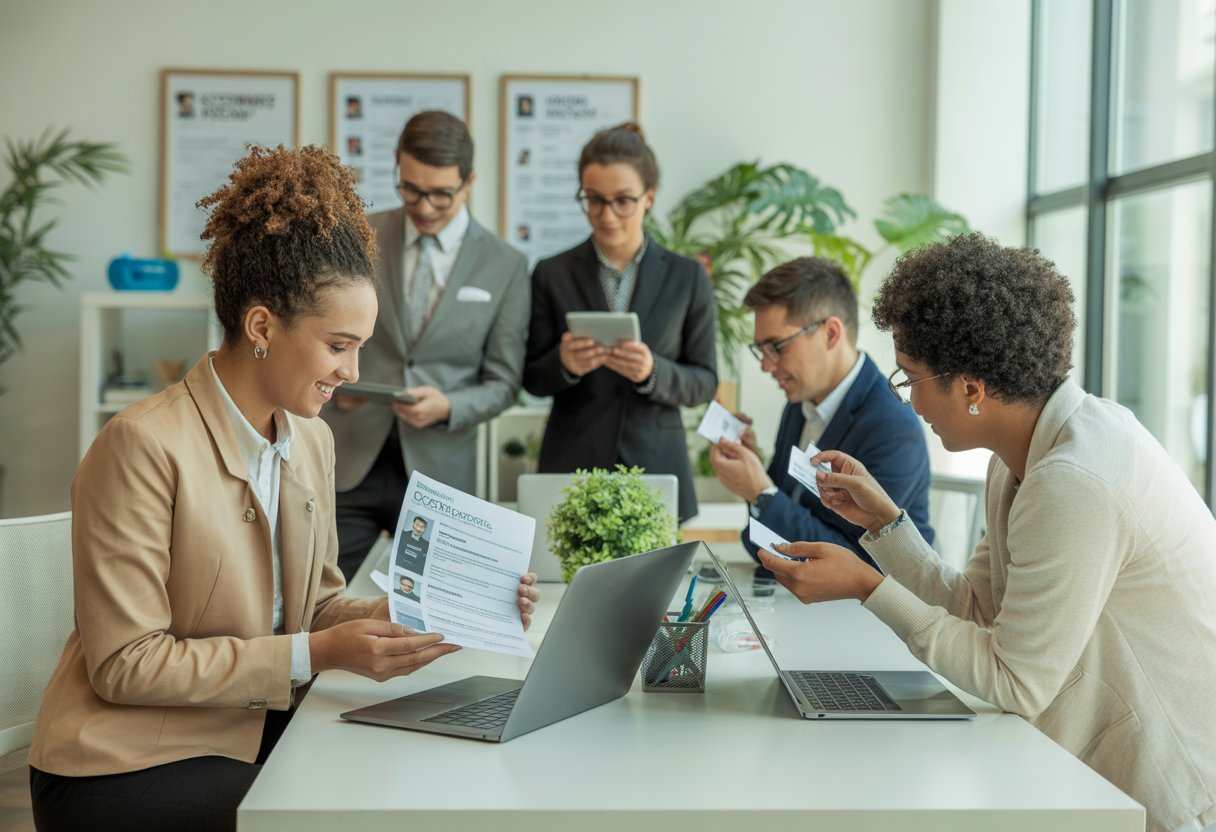 A group of young adults working together in an office, using laptops and tablets to search for jobs and network with each other.