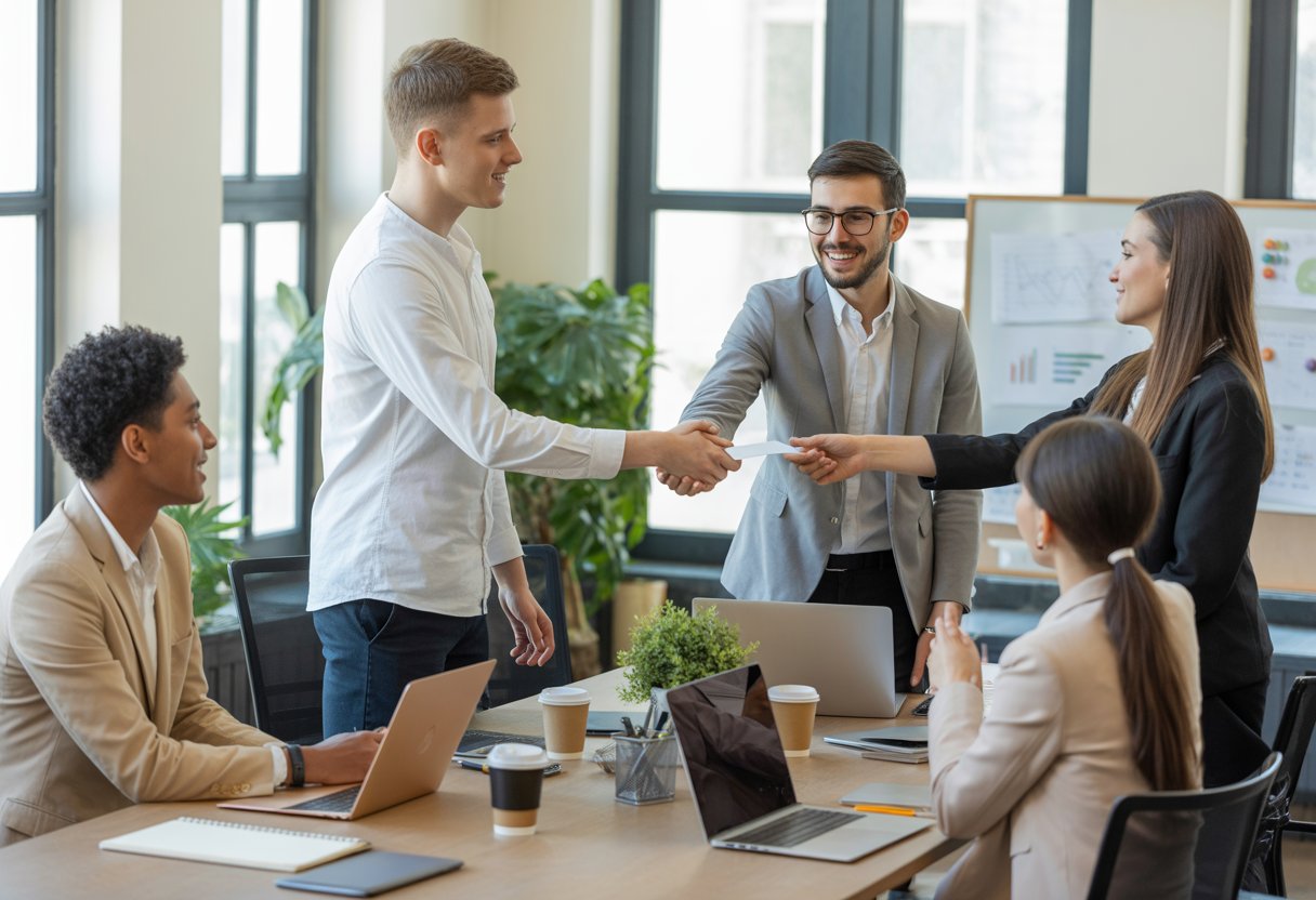 A group of young professionals talking and exchanging business cards in a bright office around a table with laptops and notebooks.
