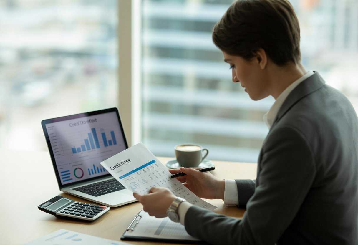 A young adult reviewing financial documents and a credit report at a desk in a bright office with a city view.